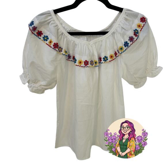 Rockmount Ranch Wear Tops - VTG Rockmount Ranch Wear White Floral Embroidered Ruffle Peasant Blouse Boho